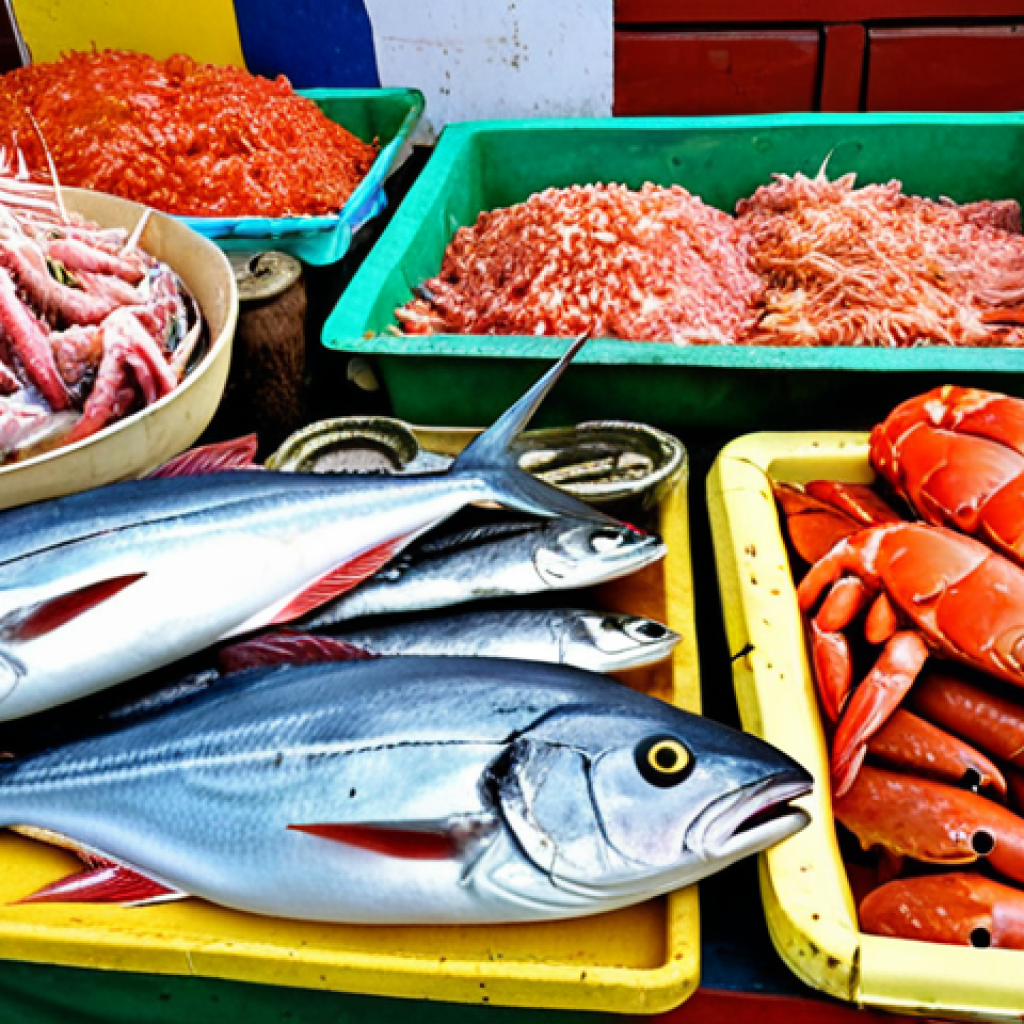 ** A vibrant display of fresh Comoros seafood: tuna, snapper, shrimp, and crab on a market stall, showcasing the variety of local catches.
**