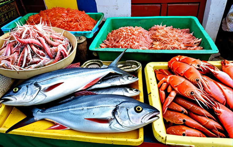 ** A vibrant display of fresh Comoros seafood: tuna, snapper, shrimp, and crab on a market stall, showcasing the variety of local catches.
**