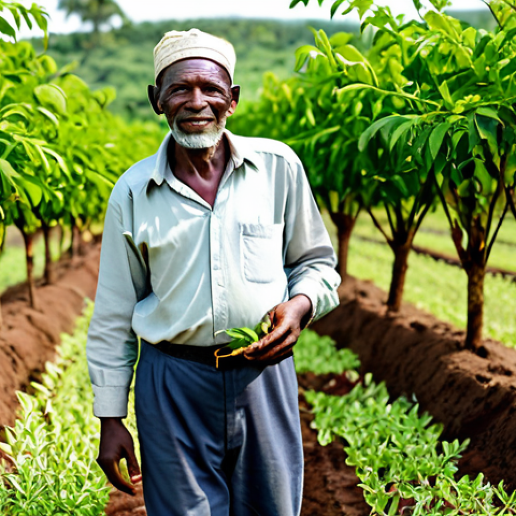 A serene portrait of an elderly Comorian farmer, with a wise, kind face, gently touching the fertile soil in a lush vanilla plantation. The farmer is dressed in modest, traditional work attire, including a simple shirt and trousers, fully clothed and appropriate for agricultural work. The background features abundant green vanilla vines under soft, warm daylight, conveying a deep connection to nature and traditional farming practices. The overall scene is peaceful and respectful. Safe for work, appropriate content, professional, modest, family-friendly, perfect anatomy, correct proportions, natural pose, well-formed hands, proper finger count, natural body proportions, high-quality professional photography.