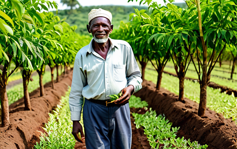 A serene portrait of an elderly Comorian farmer, with a wise, kind face, gently touching the fertile soil in a lush vanilla plantation. The farmer is dressed in modest, traditional work attire, including a simple shirt and trousers, fully clothed and appropriate for agricultural work. The background features abundant green vanilla vines under soft, warm daylight, conveying a deep connection to nature and traditional farming practices. The overall scene is peaceful and respectful. Safe for work, appropriate content, professional, modest, family-friendly, perfect anatomy, correct proportions, natural pose, well-formed hands, proper finger count, natural body proportions, high-quality professional photography.