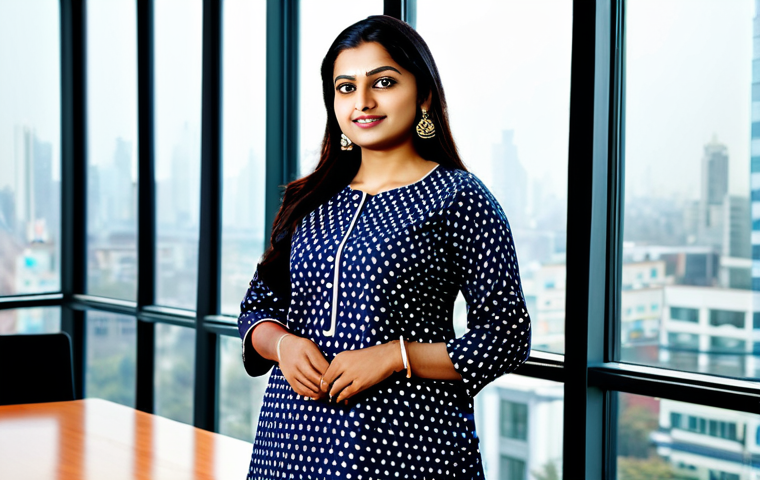 코모로 비자 신청 절차 - Modern Office Portrait**
"A confident Indian businesswoman in a stylish, modest salwar kameez, stan...