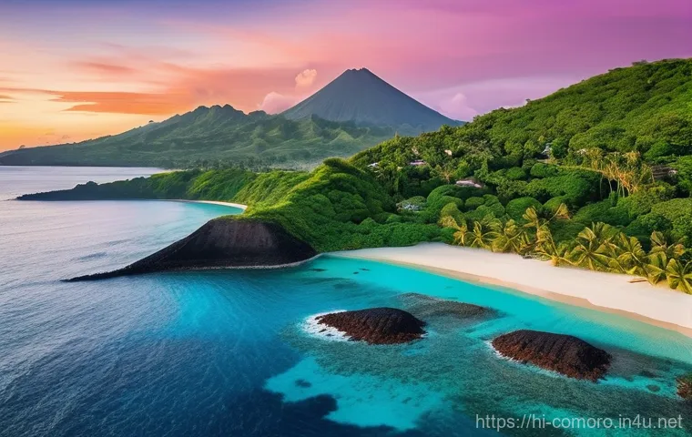 코모로 관광업과 현지 주민 소득 - **"A breathtaking panoramic view of the Comoros coastline at sunrise. The foreground features a pris...