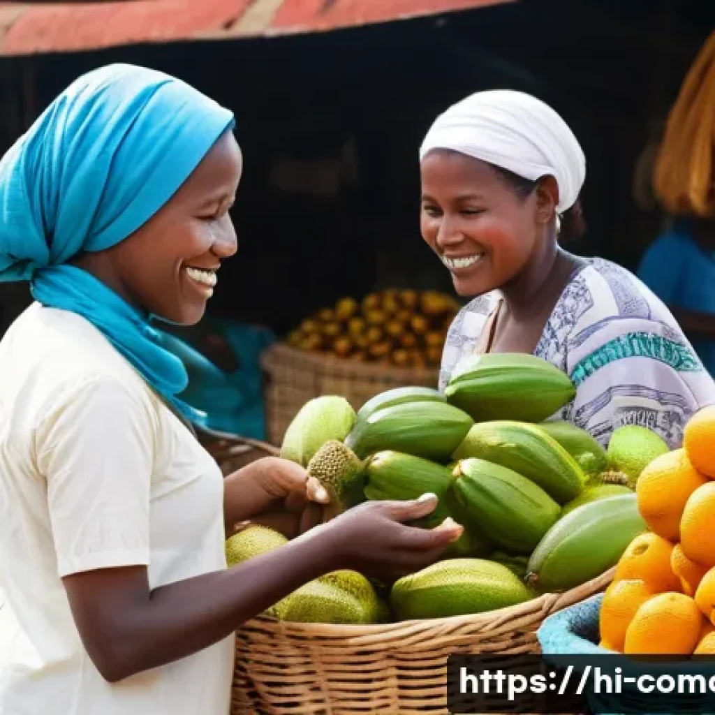 코모로 관광객 안전 현황 - A vibrant Comorian market scene. A female tourist, appearing to be in her late 20s, is dressed modes...