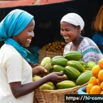 코모로 관광객 안전 현황 - A vibrant Comorian market scene. A female tourist, appearing to be in her late 20s, is dressed modes...