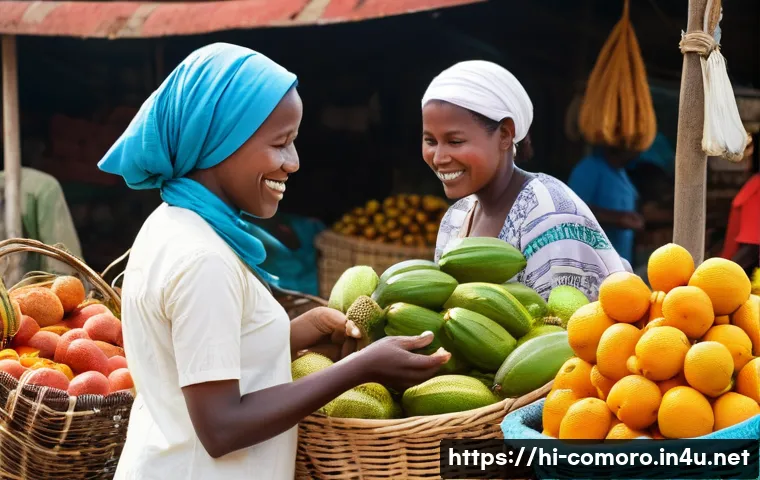 코모로 관광객 안전 현황 - A vibrant Comorian market scene. A female tourist, appearing to be in her late 20s, is dressed modes...